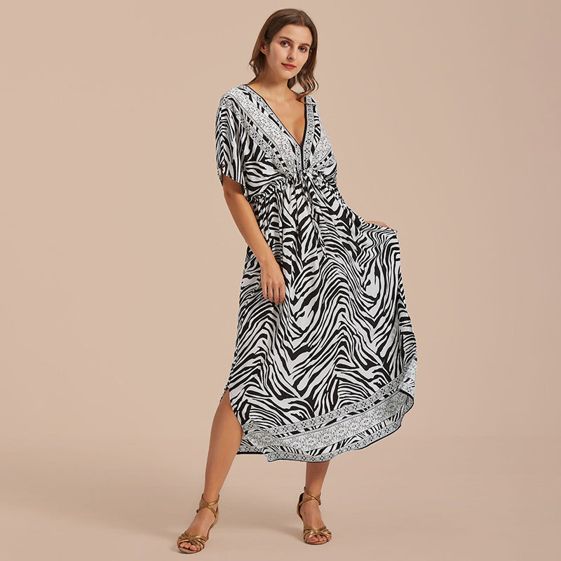 Dame Kaftan Kjole med kunstnerisk Zebra-design og luftig Silhuet Stilla