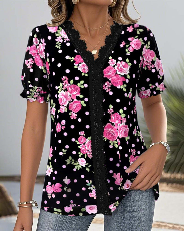 Dame bluse skjorte med blomstret design og feminine spidsaccentuer Stilla
