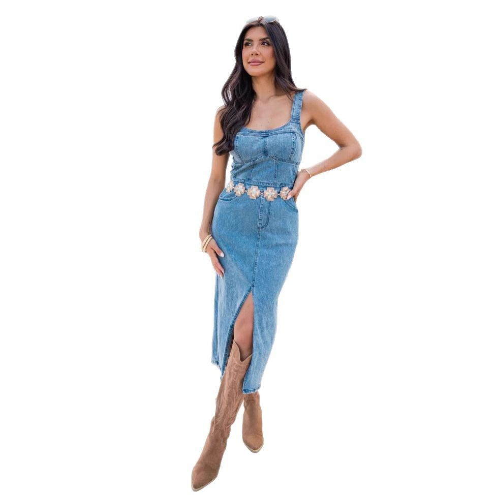Dame Denim-Midi kjole med figursyet snit og praktiske lommer Stilla