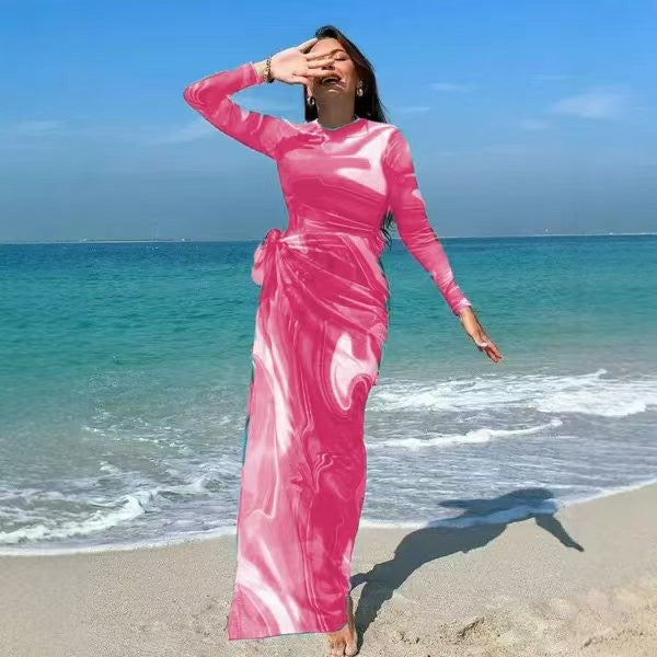 Dame Elegant langærmet strandkjole i flydende design Skovae