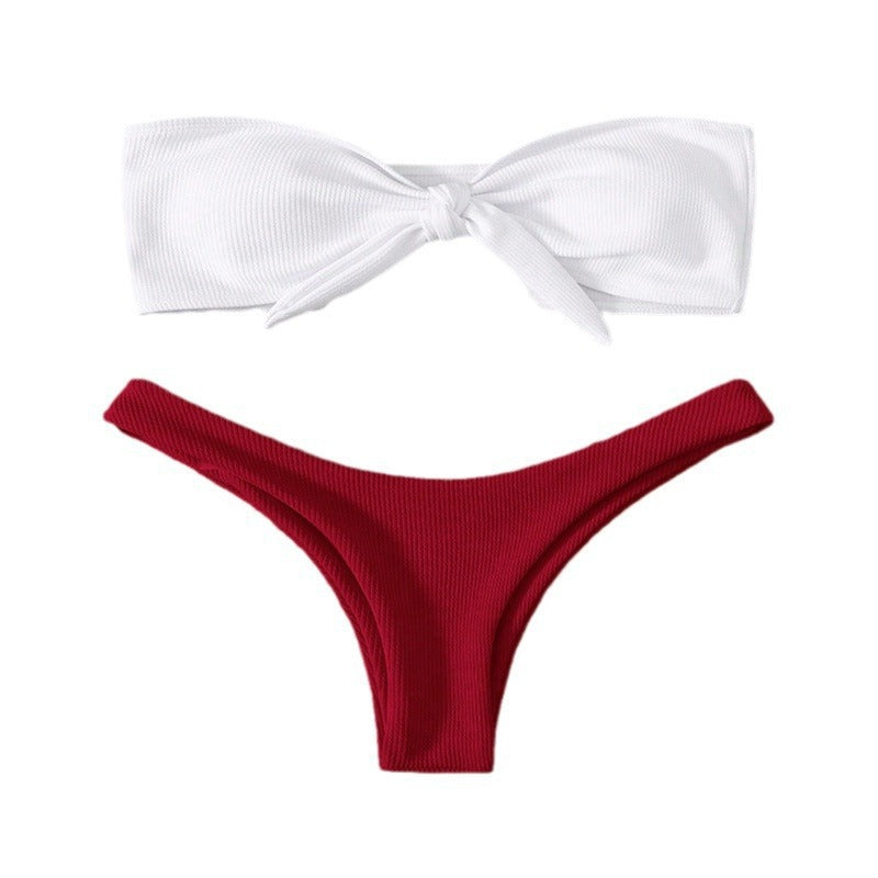 Dame Bandeau-bikini med moderne knude og høj benudskæring Skovae