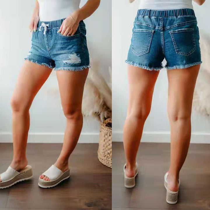 Femme Distressed Højthavede Denim Shorts med justerbart taljebånd Stilla