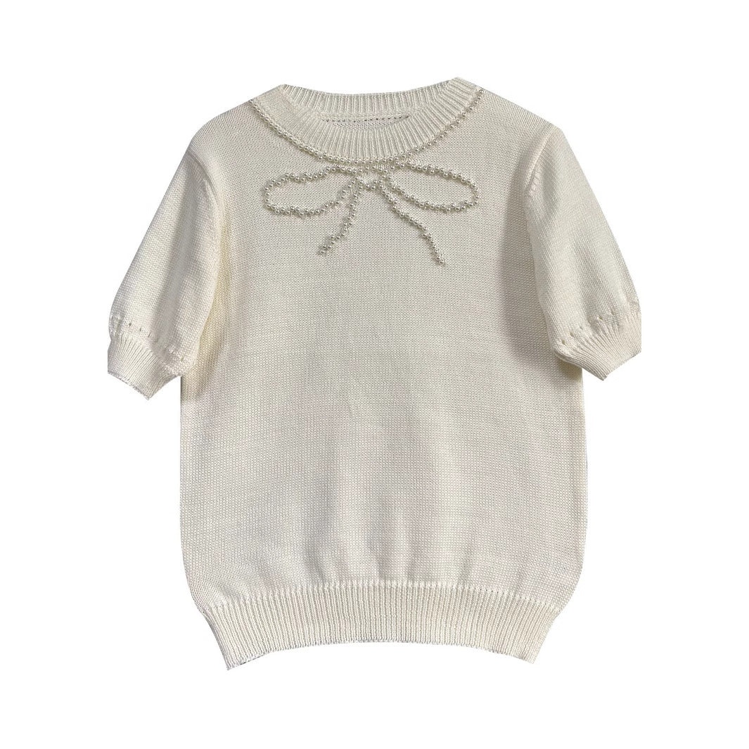 Dame kortærmet pullover med perledekoration Stilla