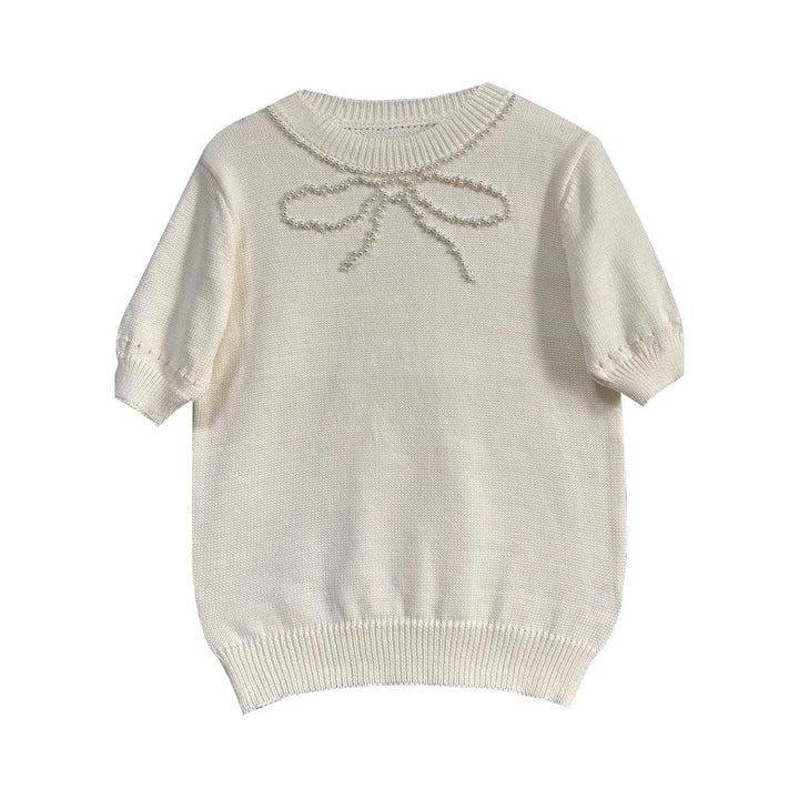 Dame kortærmet pullover med perledekoration Stilla