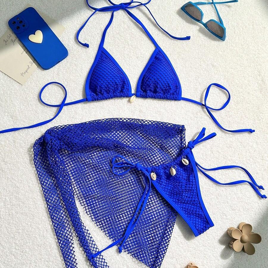 Dame net-bikini-sæt med justerbare stropper og musling-applikationer Stilla