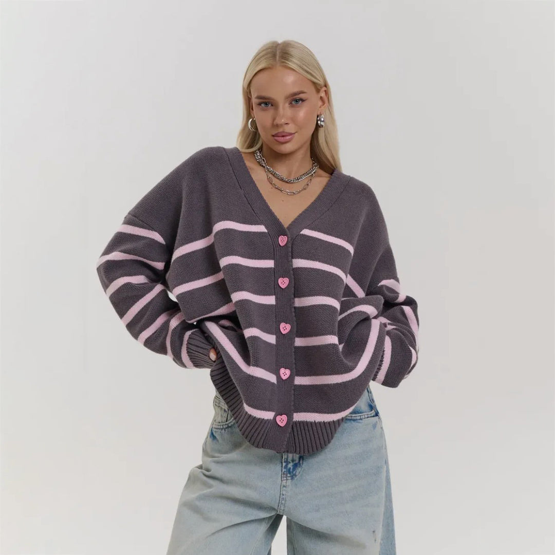 Kvinder chunky strikket cardigan med fine striber Stilla