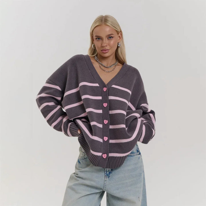Kvinder chunky strikket cardigan med fine striber Stilla