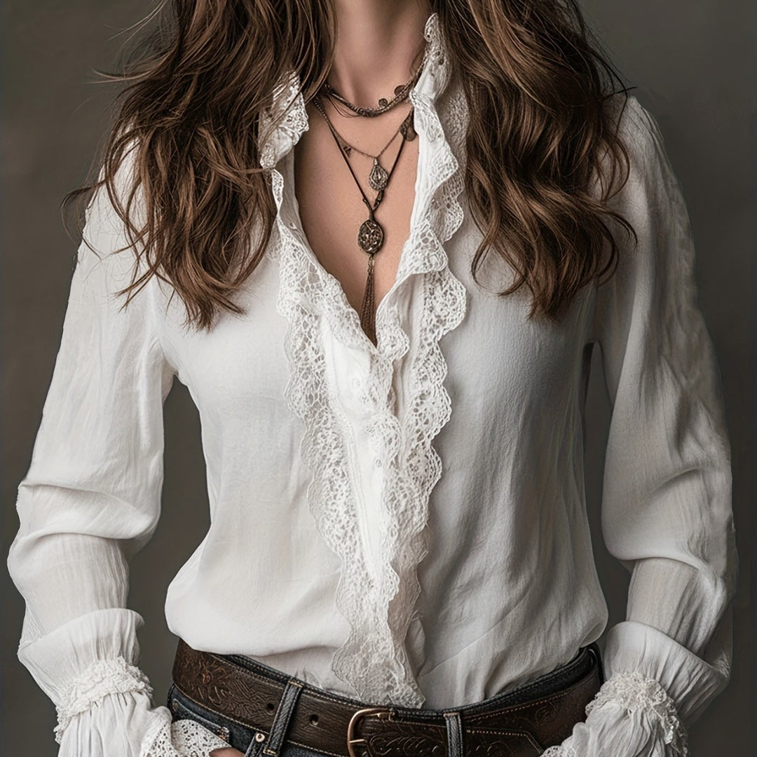 Dame elegant blouse med flæsedetaljer og blondebesætning Skovae
