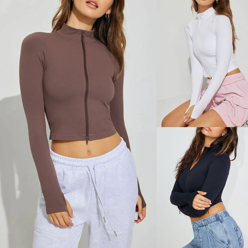 Dame Langærmet Zip-Top i moderne Crop-Style Stilla