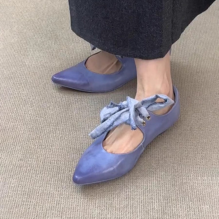Dame Ballerina Flade Sko med Spids Tåområder og Dekorativ Sløjfebånd Stilla