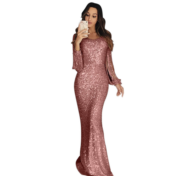 Dame Glamourøst Paillet Aftenkjole med lange Ærmedetaljer Stilla