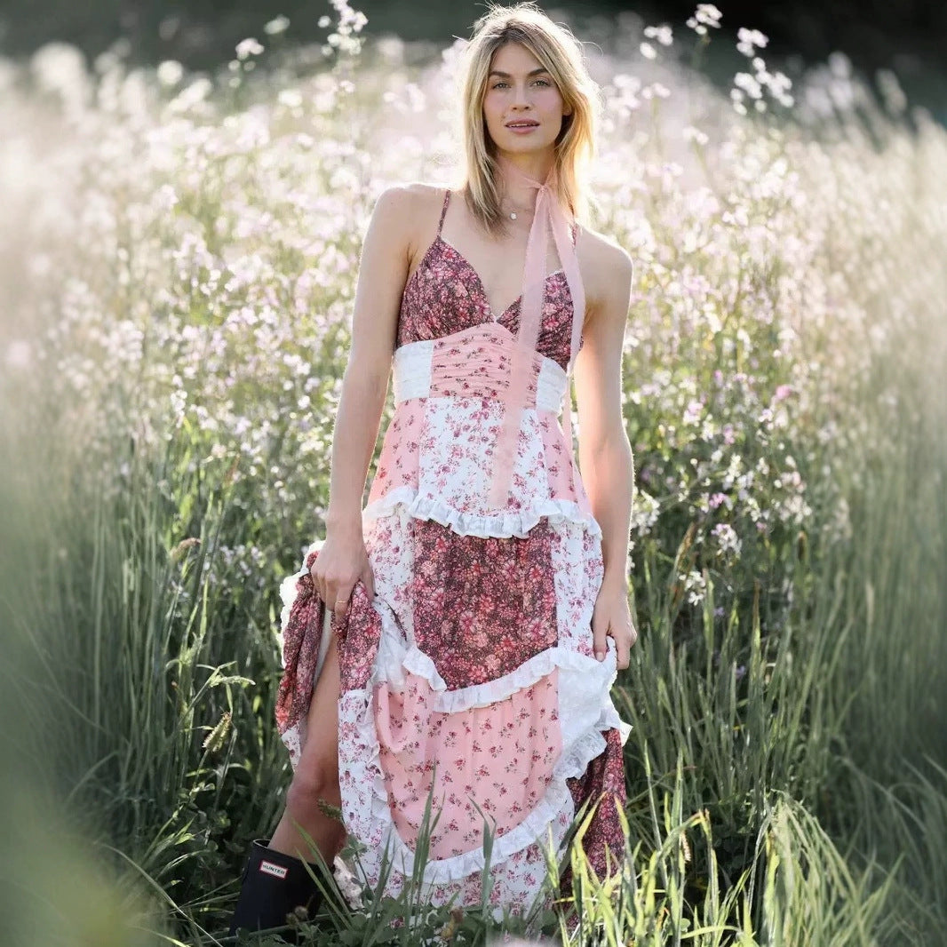 Kvinders Flydende Maxi Kjole med Blomster Fald og Delikat Snit Skovae