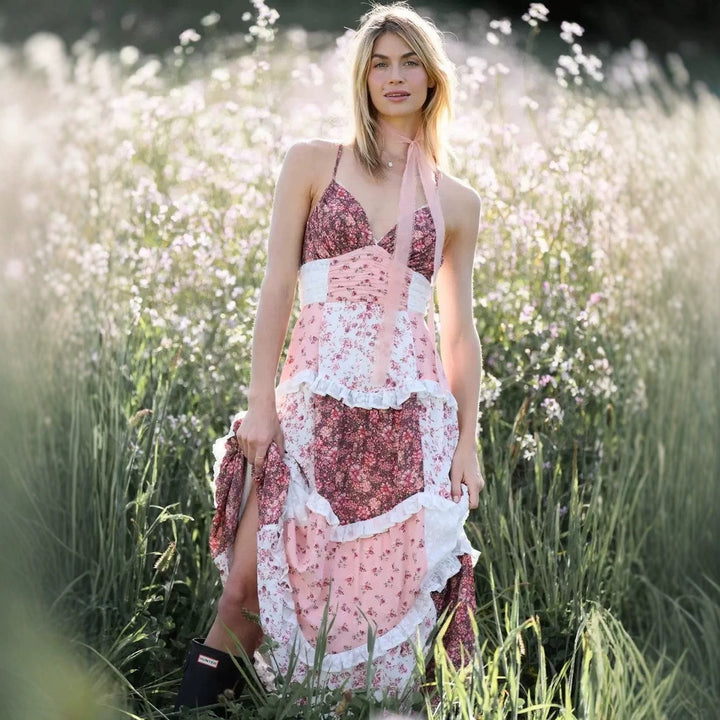 Kvinders Flydende Maxi Kjole med Blomster Fald og Delikat Snit Skovae