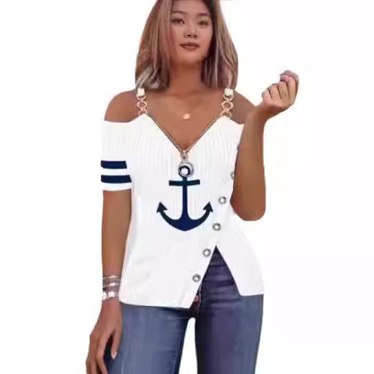 Dame Off-Shoulder Top med maritimt design og dekorative knapper Stilla