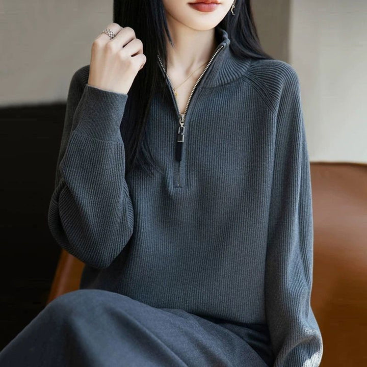 Damer fashionable sweater med høj krave og lynlås Stilla