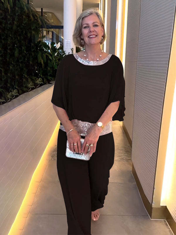 Dame Elegant kombi-outfit med flydende skær og glitrende accenter Stilla