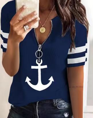 Dame afslappet T-shirt med lynlås og maritimt ankerdesign Stilla