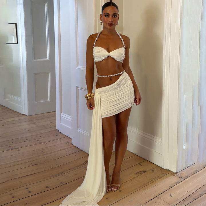 Dame Elegant Bikinisæt med draperede detaljer og perleaccenter Skovae