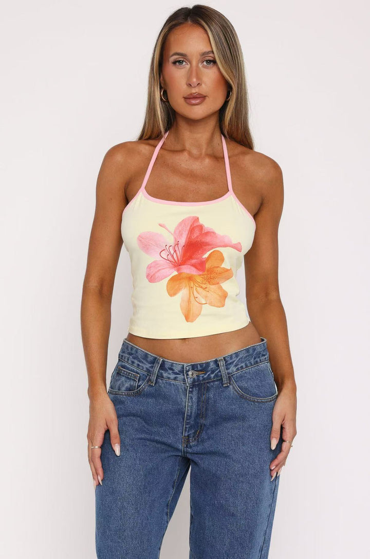Dame Crop-Top med floraltryk og justerbare stropper Skovae