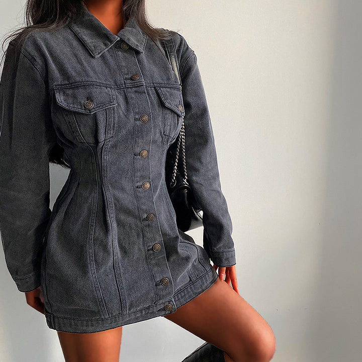 Dame Denim Skjortekjole med taljebetonning og traditionelle knapdetaljer Stilla