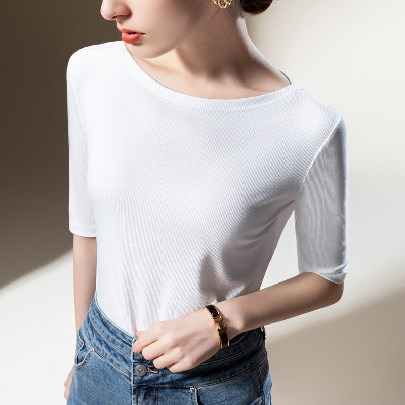 Dame Kortærmet Rib-T-shirt med elegant Rund halsudskæring og figursyet pasform Stilla