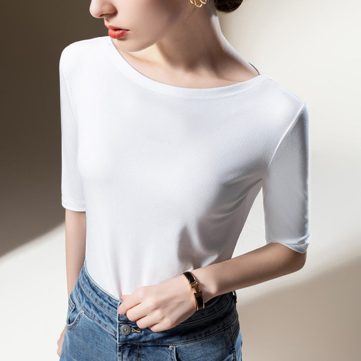Dame Kortærmet Rib-T-shirt med elegant Rund halsudskæring og figursyet pasform Stilla