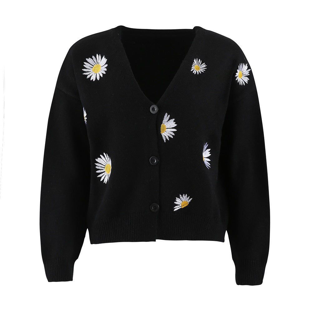 Dame strikjakke med floralt design Stilla