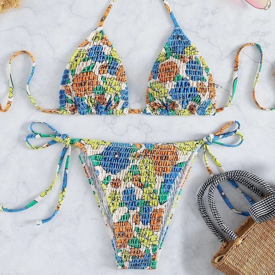 Dame trekant bikini med farverigt struktur design og justerbare stropper Skovae