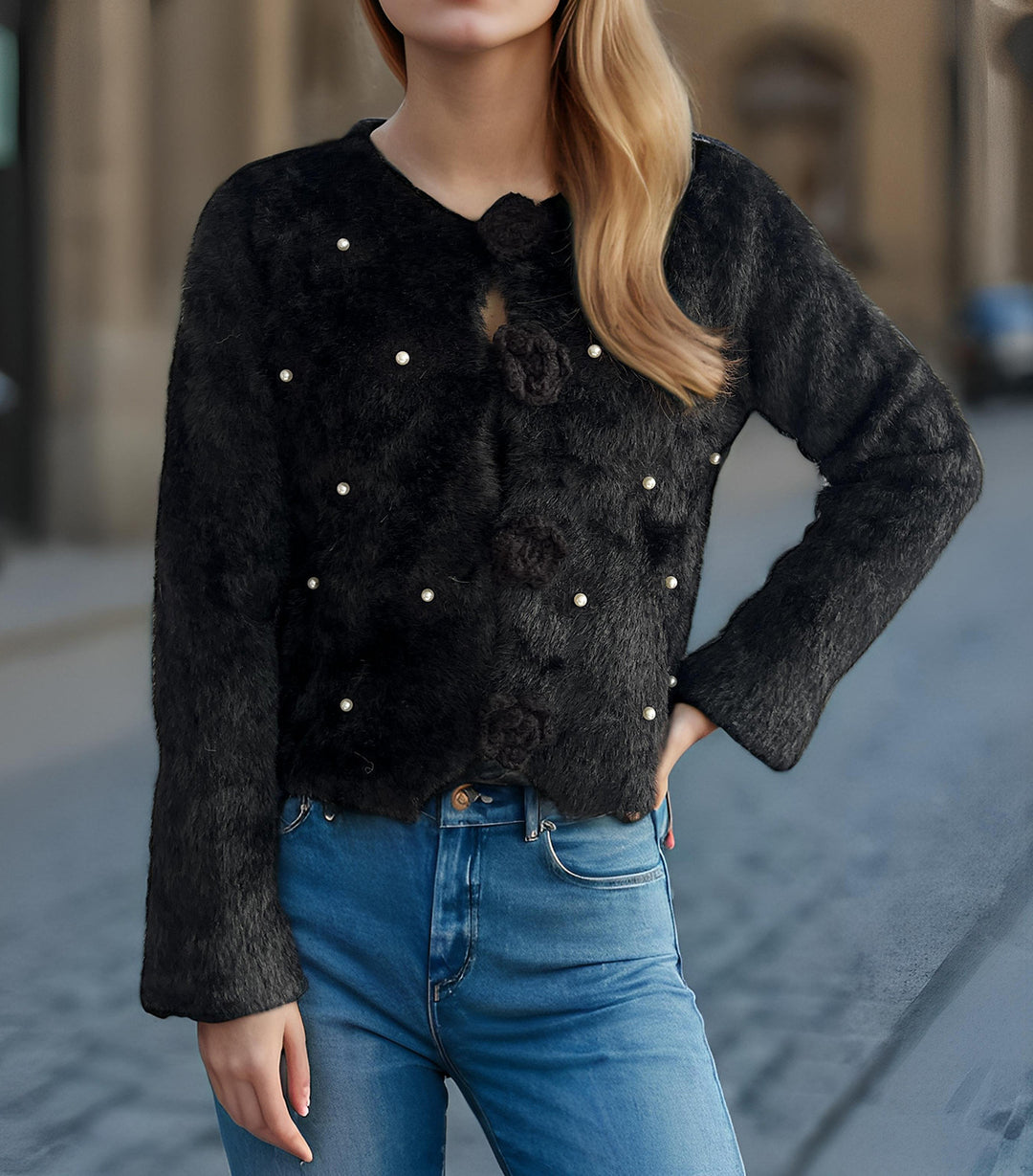 Kvinders fine cardigan med blomsterapplikationer og perleaccenter Stilla