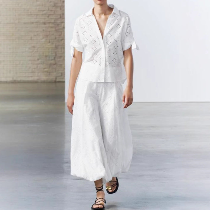 Femme Eyelet Detalje Knap-Op Bluse Stilla