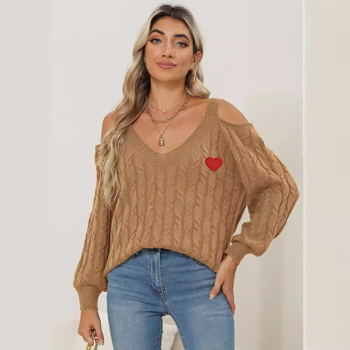 Dame strikpullover med trendy cut-out ærmer og hjerteapplikation Stilla