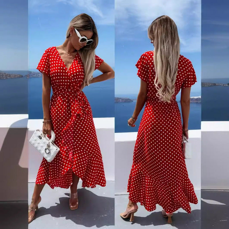 Dame Polka Dot Wrapping-Midi-Kjole med Bindebælte Stilla