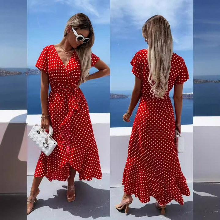 Dame Polka Dot Wrapping-Midi-Kjole med Bindebælte Stilla