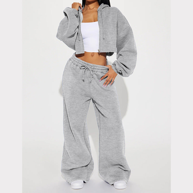 Kvinder casual cropped hoodie og brede joggingbukser sæt Skovae