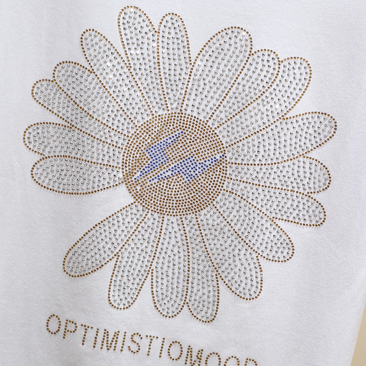 Dame T-shirt med kreativ glimmer-blomstermotiv og inspirerende tekst Stilla