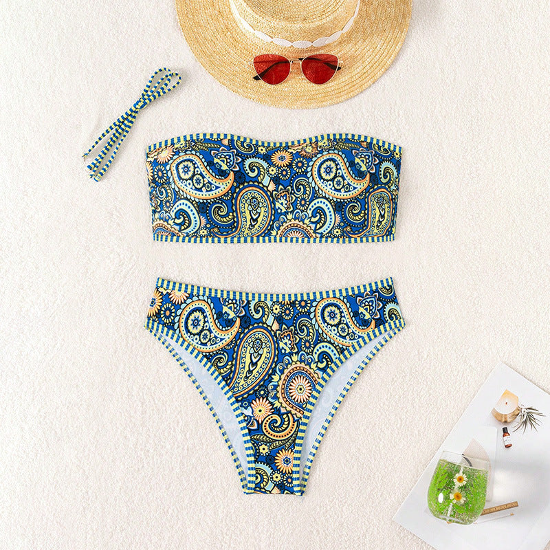 Dame Bandeau-bikini-sæt med farverigt paisley-mønster og høj taljeskæring Stilla