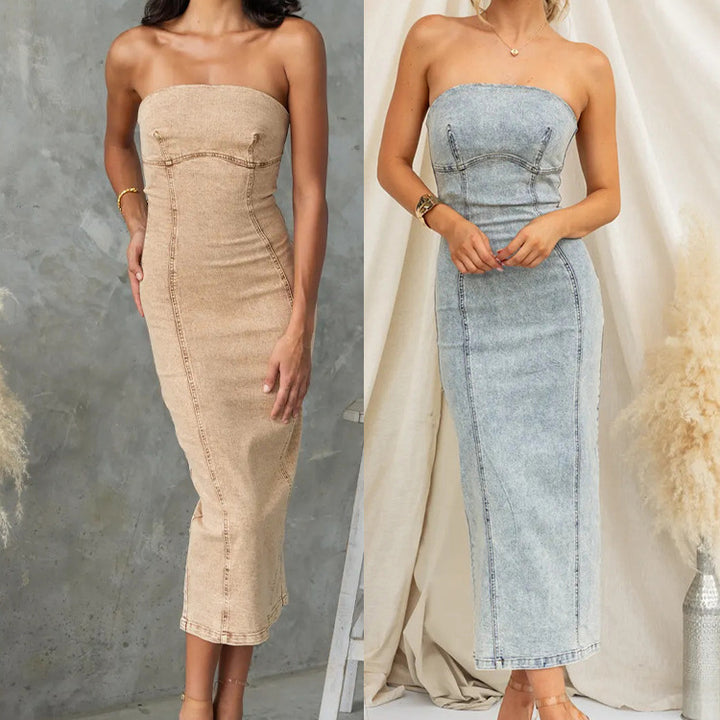 Dame Midikjole med slidstærk denim og bustier-overdel Stilla