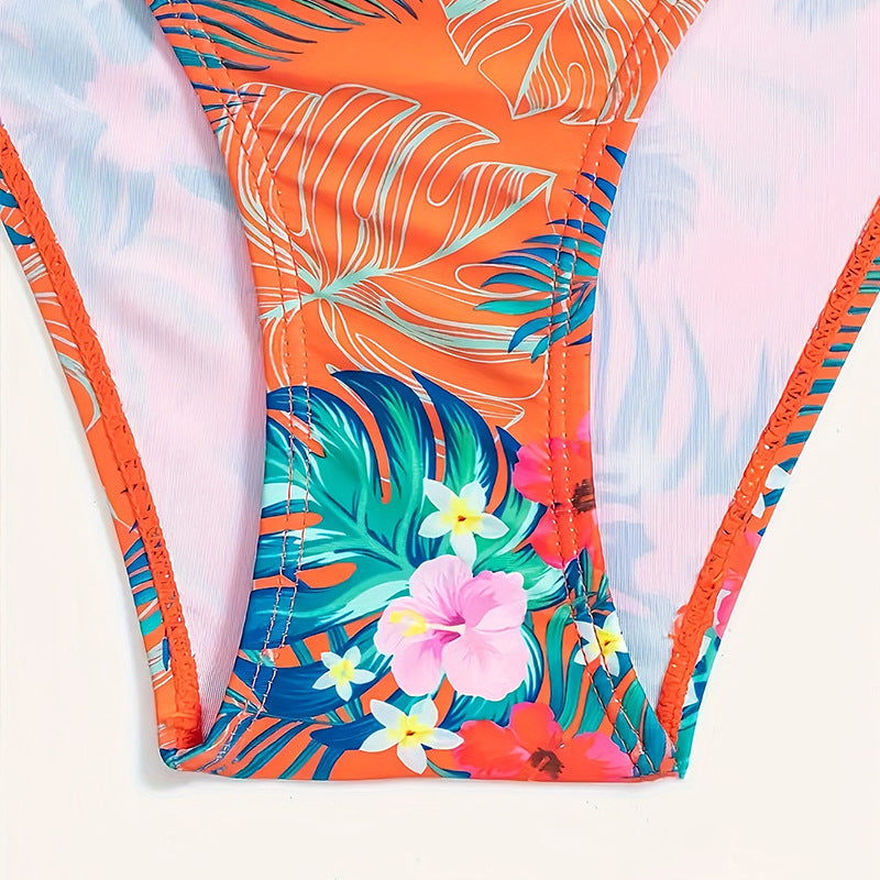 Dame Bandeau-Bikini-sæt med tropisk tryk og komfortable stropper Skovae
