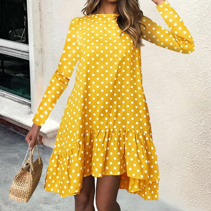Dame Retro Polka Dot Kjole med Flæsekant og Lange Ærmer Stilla