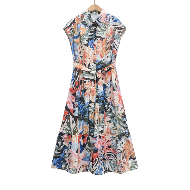 Femme Stribet Floral Midi Kjole med Bælte Stilla