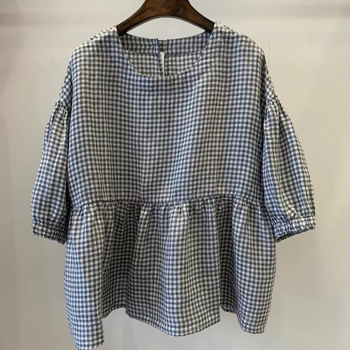 Dame Gingham Peplum-top med pufærmer Stilla