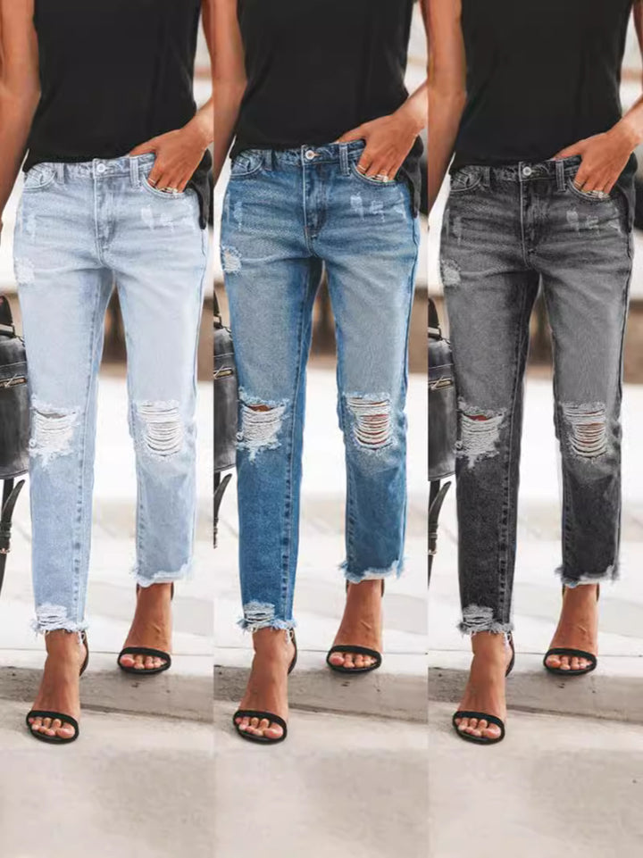 Dame Ripped Denim-Jeans med afslappet snit og frynset kant Stilla
