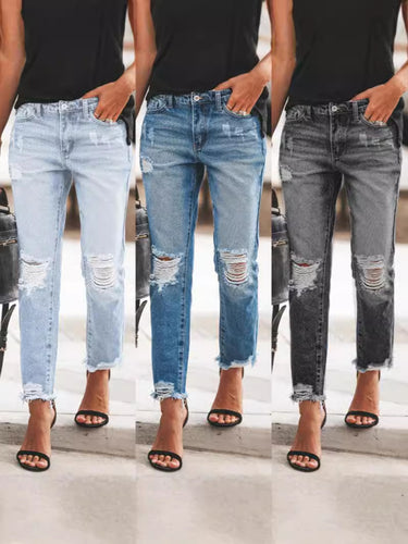 Dame Ripped Denim-Jeans med afslappet snit og frynset kant Stilla