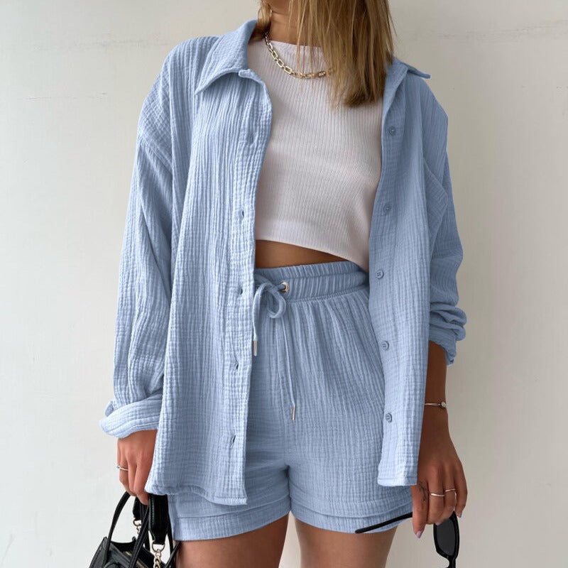 Dame afslappet top og shorts-sæt med knapdetaljer Stilla