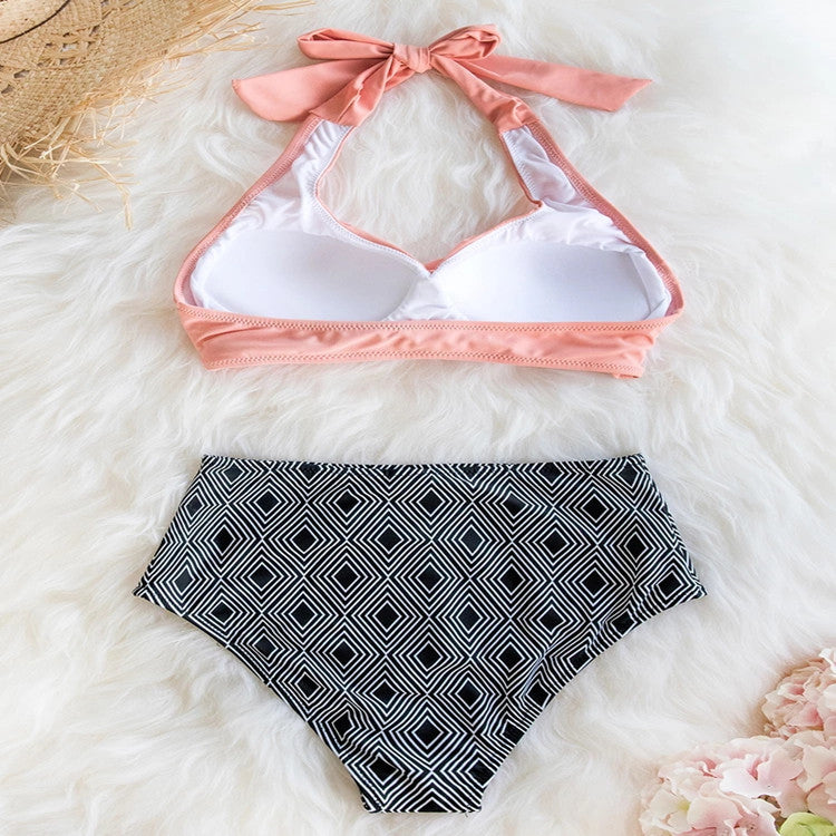 Damer High-Waist bikini-sæt med elegant indpakningsdesign og moderigtigt geometrisk mønster Skovae