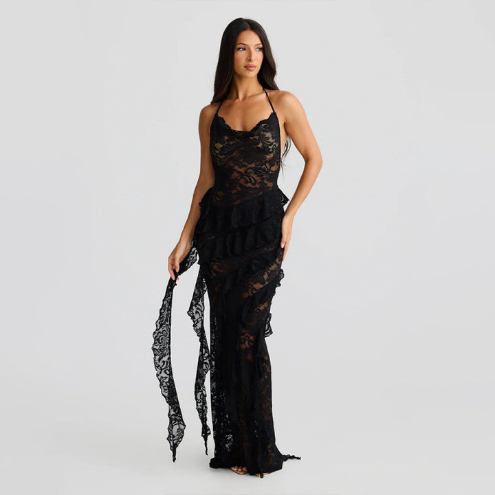 Damen verführerisches Spitzenkleid mit asymmetrischem Saum und Rüschendetails Skovae