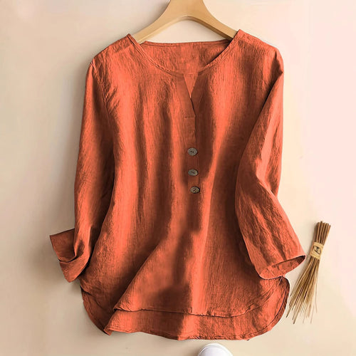 Dame løs linned bluse med blide knapdetaljer Stilla