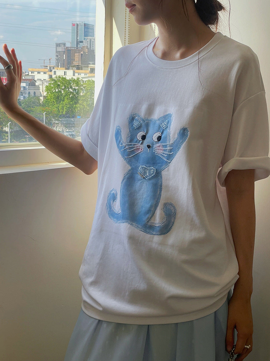 Dame T-shirt med kreativ kattemotiv og afslappet snit Stilla