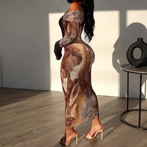 Frau Off-Shoulder Bodycon Midi Kjole med abstrakt Marmorprint Stilla