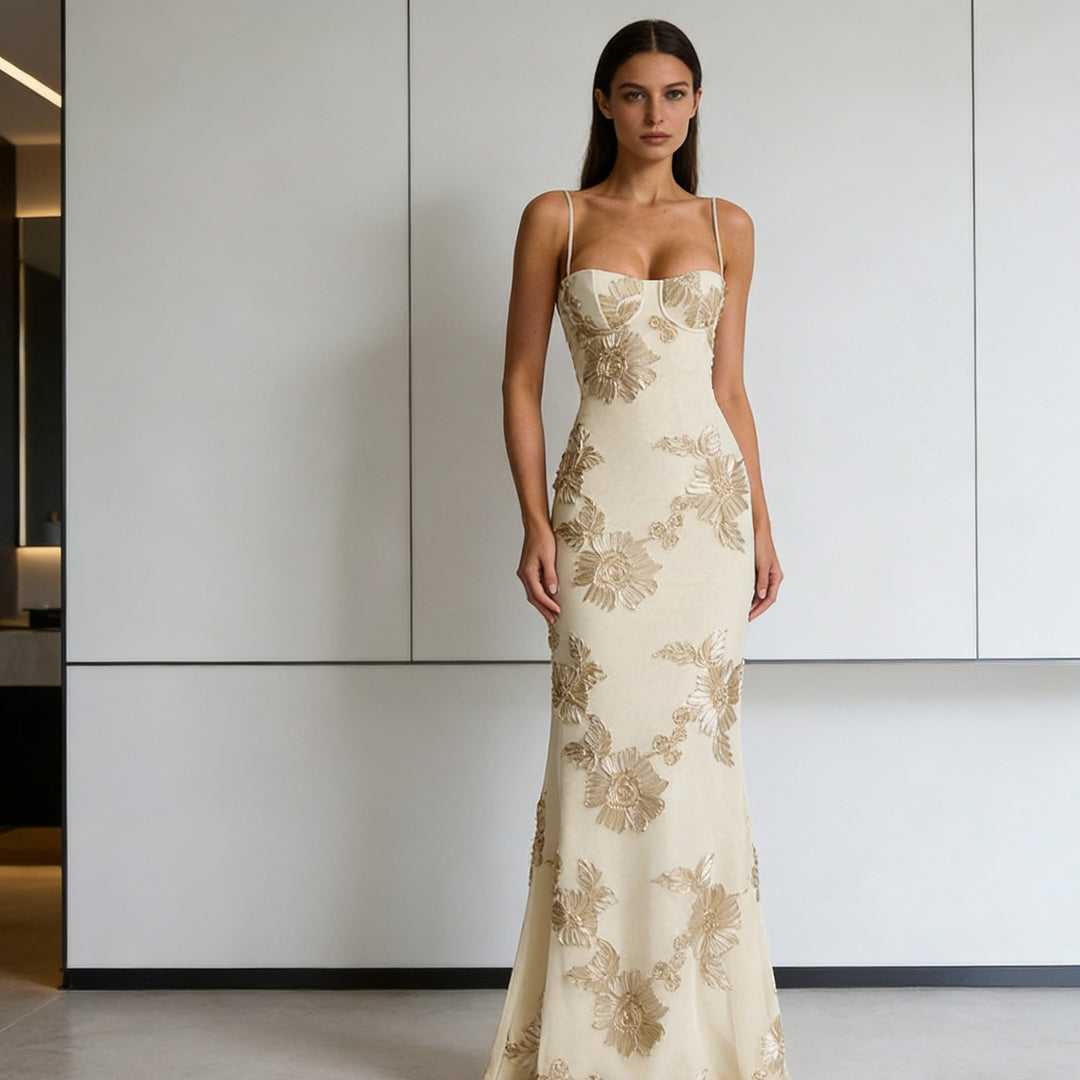 Damer Elegant Figurtilpasset Aftenkjole med florale Broderier Skovae